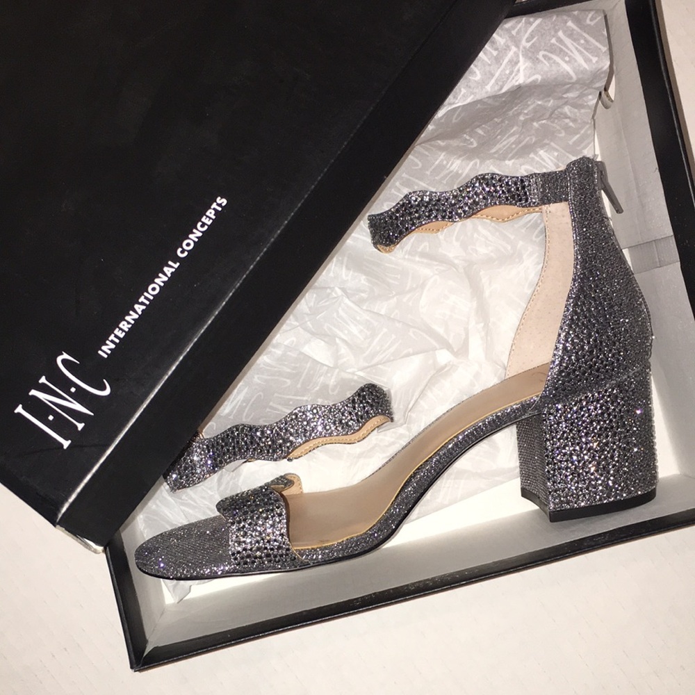 INC International Concepts Silver Glitter Rhinestone Block Heel Dress Sandals